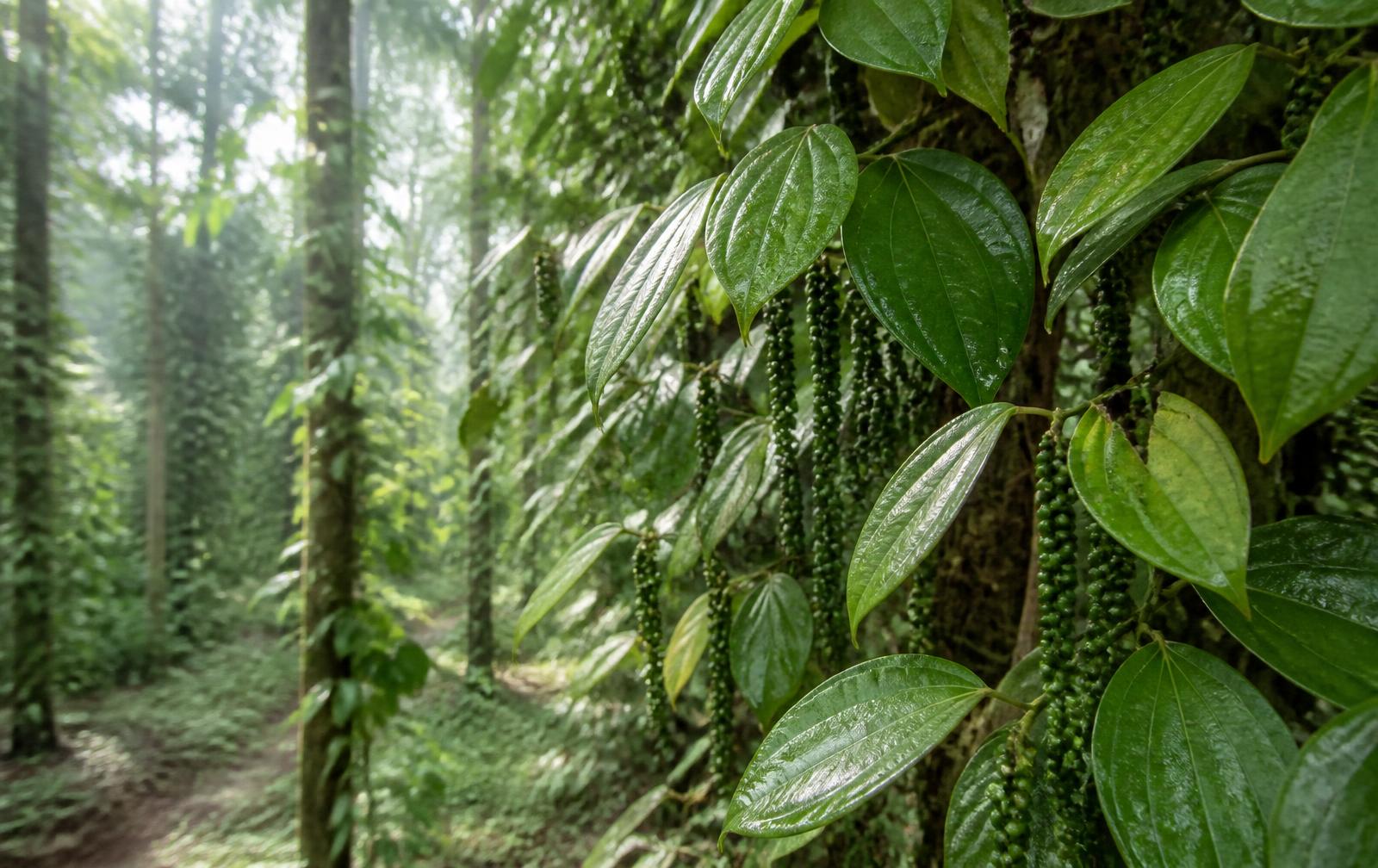 Black pepper vines with berry clusters in a Kerala plantation